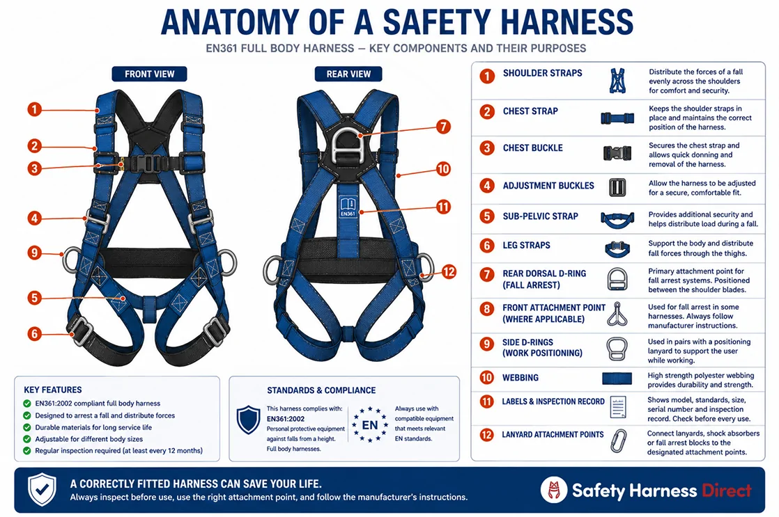 Anatomy of a full-body safety harness