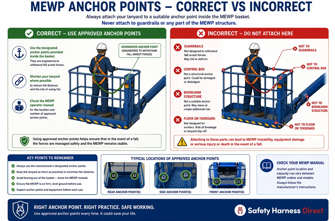 MEWP anchor points and restraint arrangement