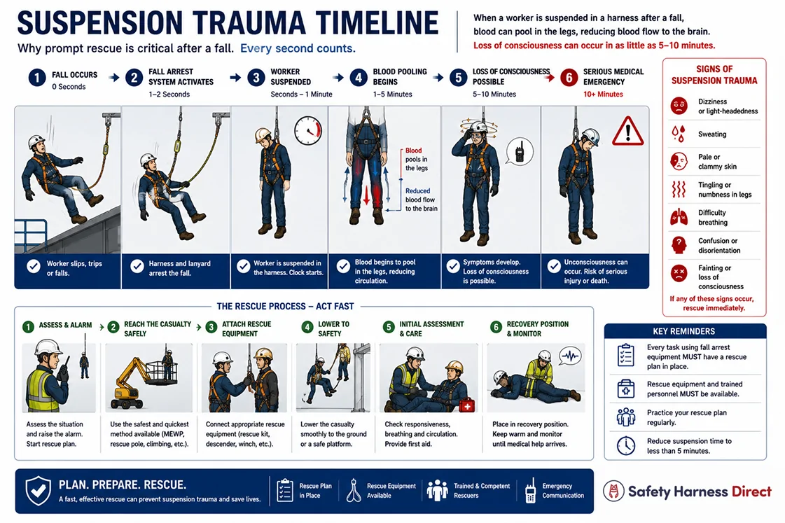 Suspension trauma timeline showing why prompt rescue matters