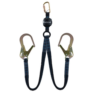 Safehold 1.8mtr Twin-Leg Elasticated Shock-Absorbing Lanyard with Double Lock Karabiners and Scaffold Hooks