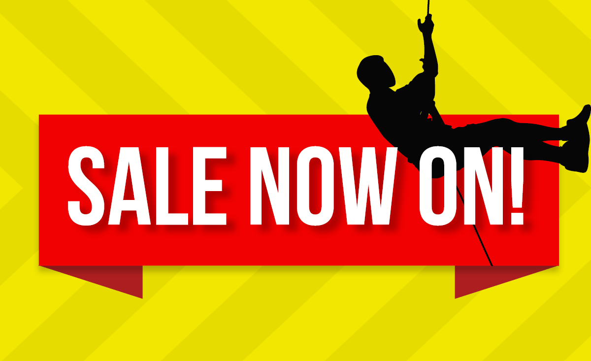 banner image in bold red and yellow reading 'sale now on!' with silhouette of man rapelling down right side 